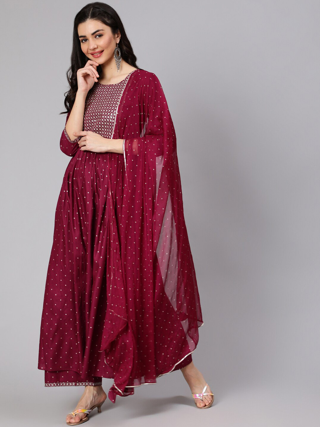 

INDIE CLOSET Women Burgundy Embroidered A-Line Kurta with Palazzos & With Dupatta
