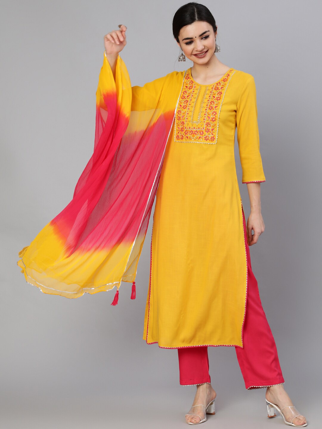 

INDIE CLOSET Women Embroidered Gotta Patti Kurta with Trouser & Dupatta Set, Mustard