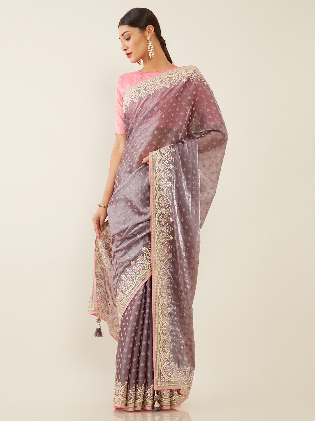 

Soch Purple & Gold-Toned Floral Embroidered Tissue Saree