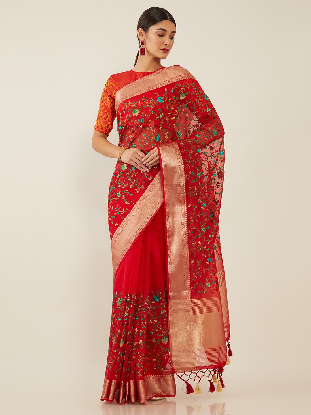 

Soch Red & Gold-Toned Floral Zari Organza Saree