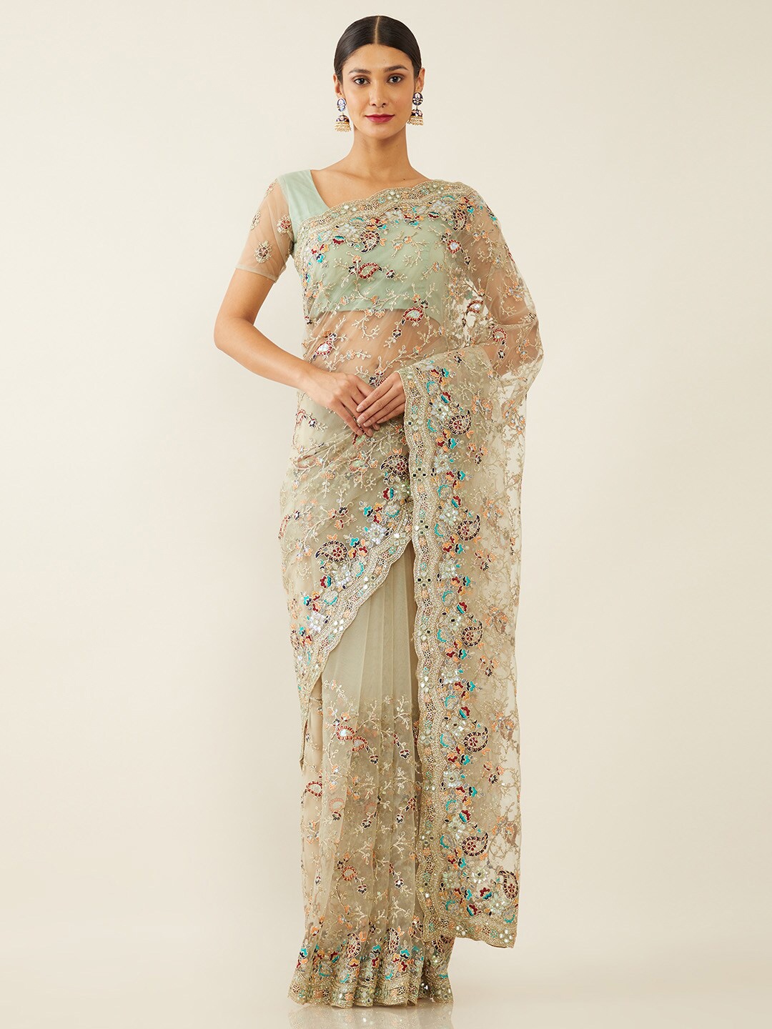 

Soch Sea Green & Maroon Floral Embroidered Net Saree