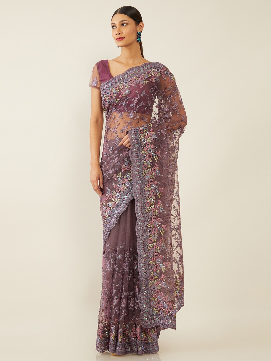 

Soch Purple & Blue Floral Embroidered Net Saree