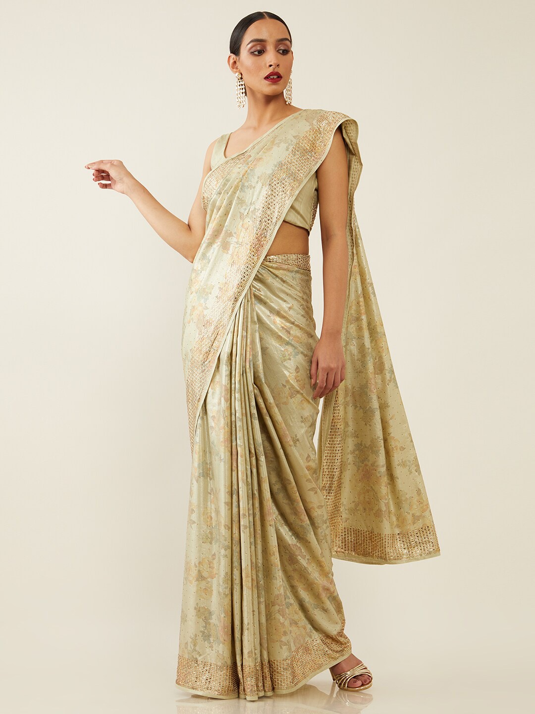 

Soch Sea Green & Gold-Toned Floral Beads and Stones Silk Blend Saree