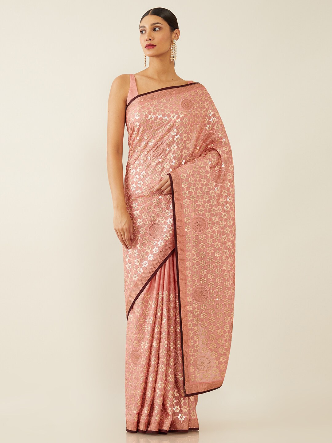 

Soch Pink & Gold-Toned Embellished Beads and Stones Saree