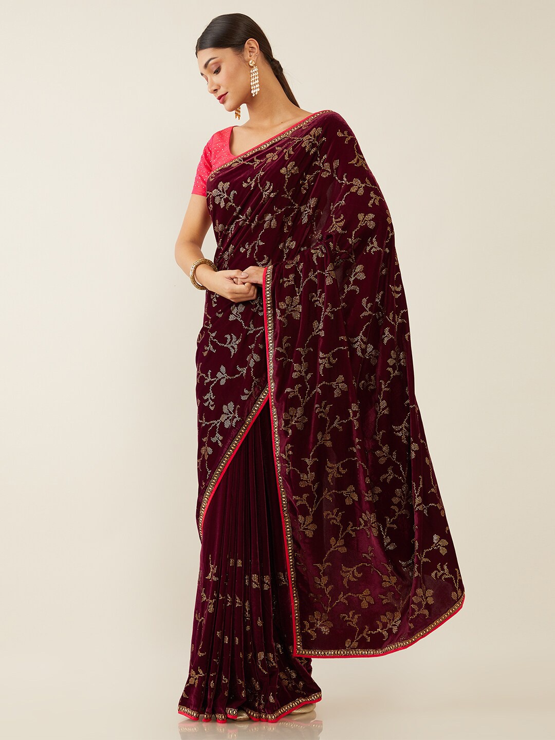 

Soch Purple & Gold-Toned Floral Beads and Stones Velvet Saree