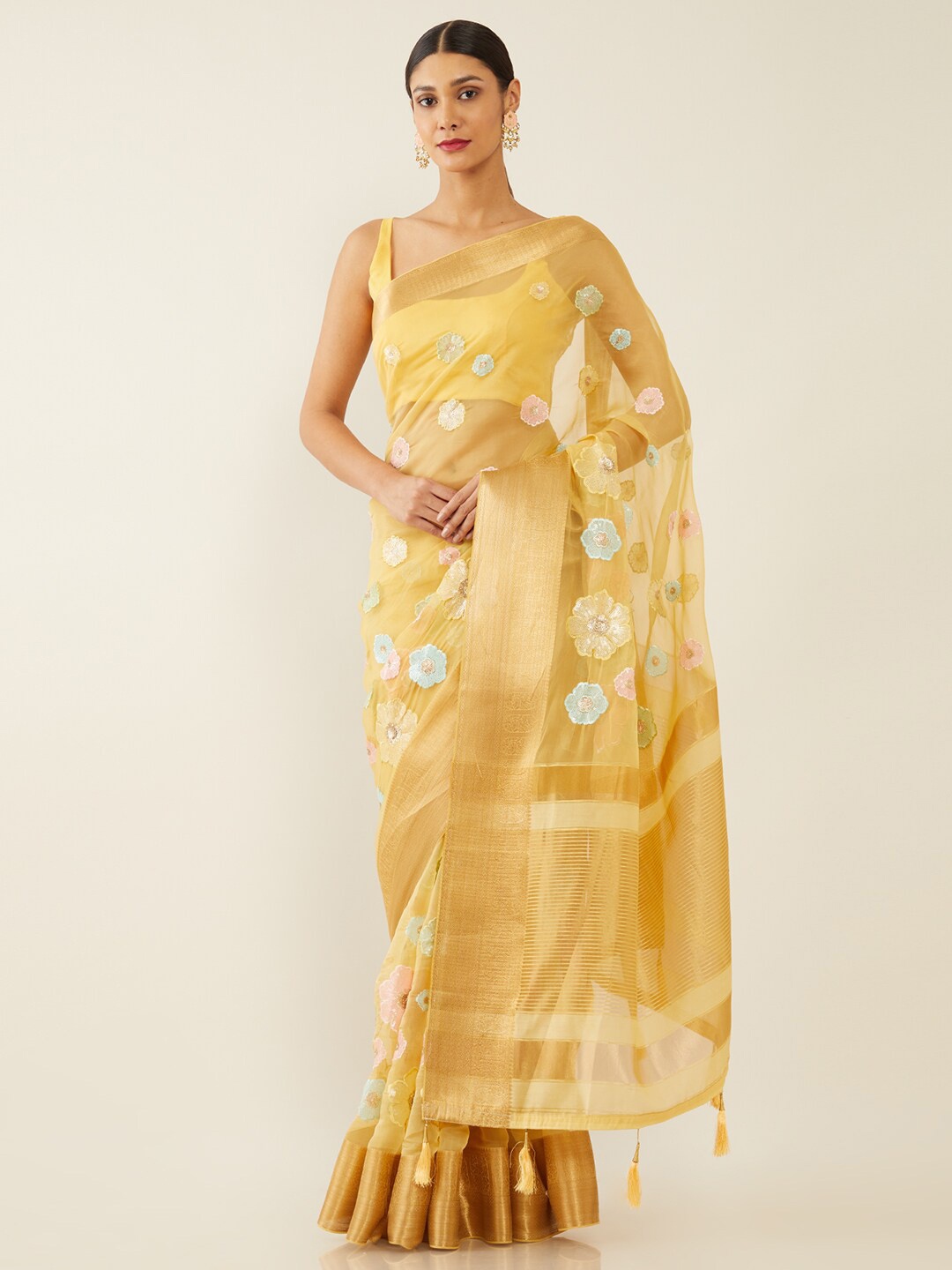 

Soch Mustard & Gold-Toned Floral Sequinned Organza Saree