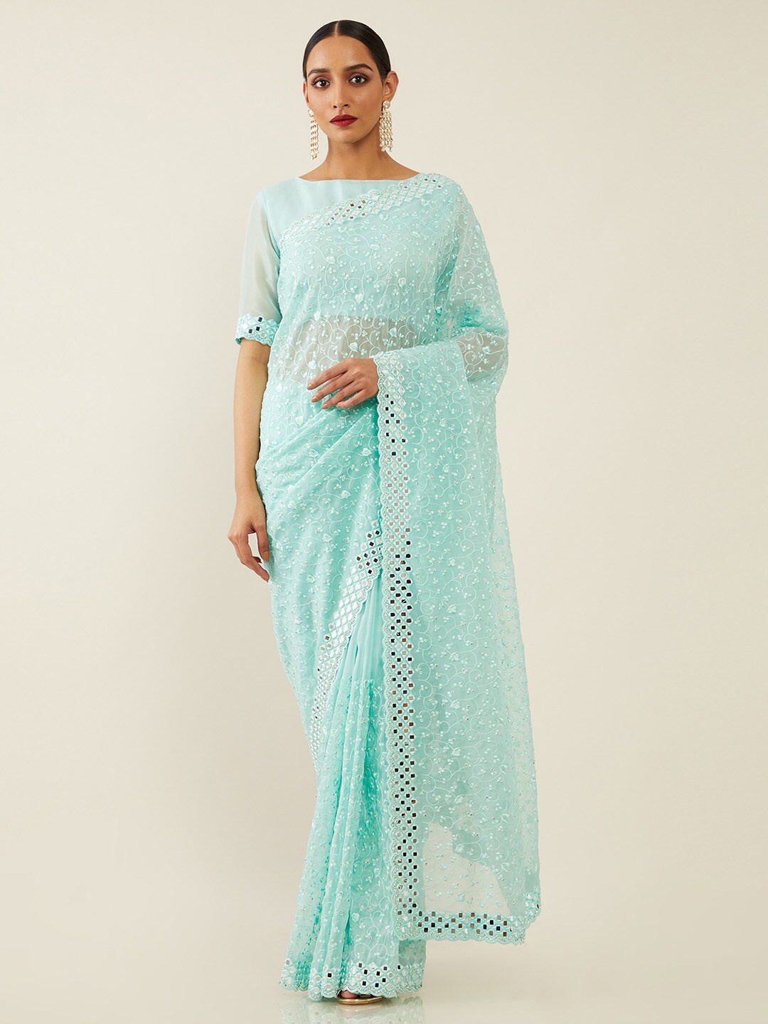 

Soch Blue & Silver-Toned Floral Embroidered Organza Saree