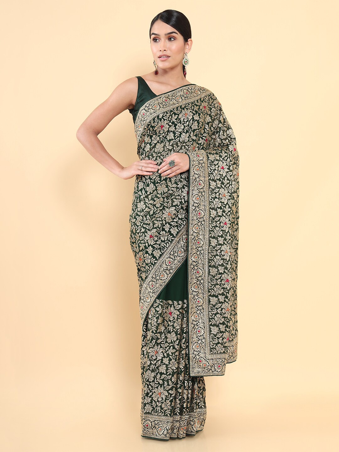 

Soch Green & Gold-Toned Floral Embroidered Pure Georgette Heavy Work Saree