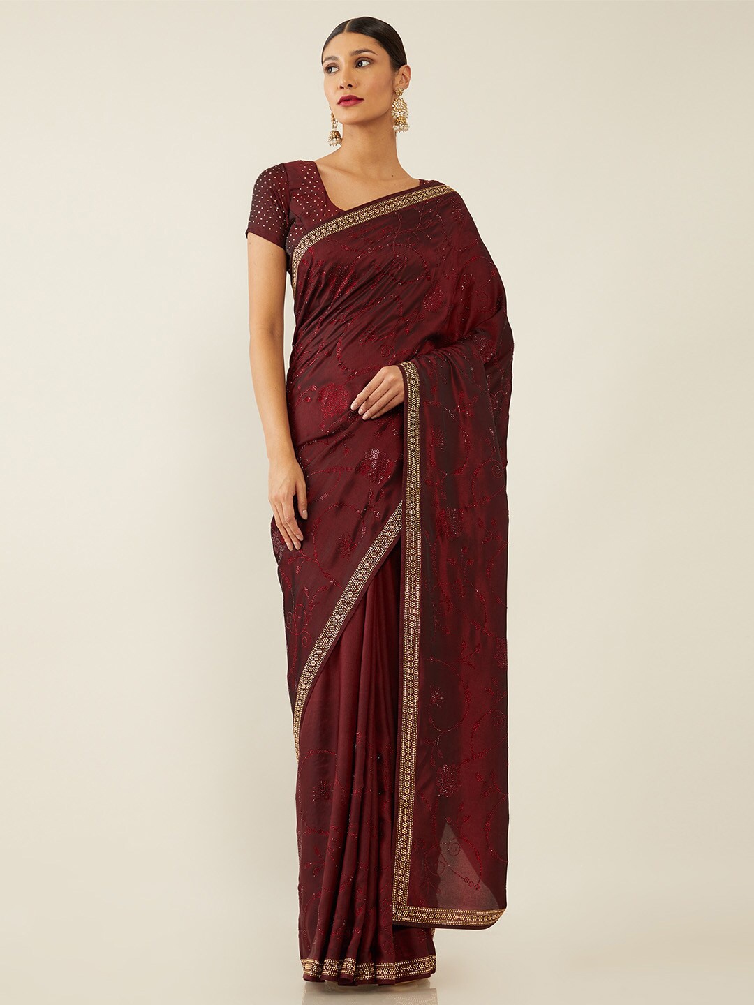 

Soch Maroon Floral Beads and Stones Silk Blend Saree