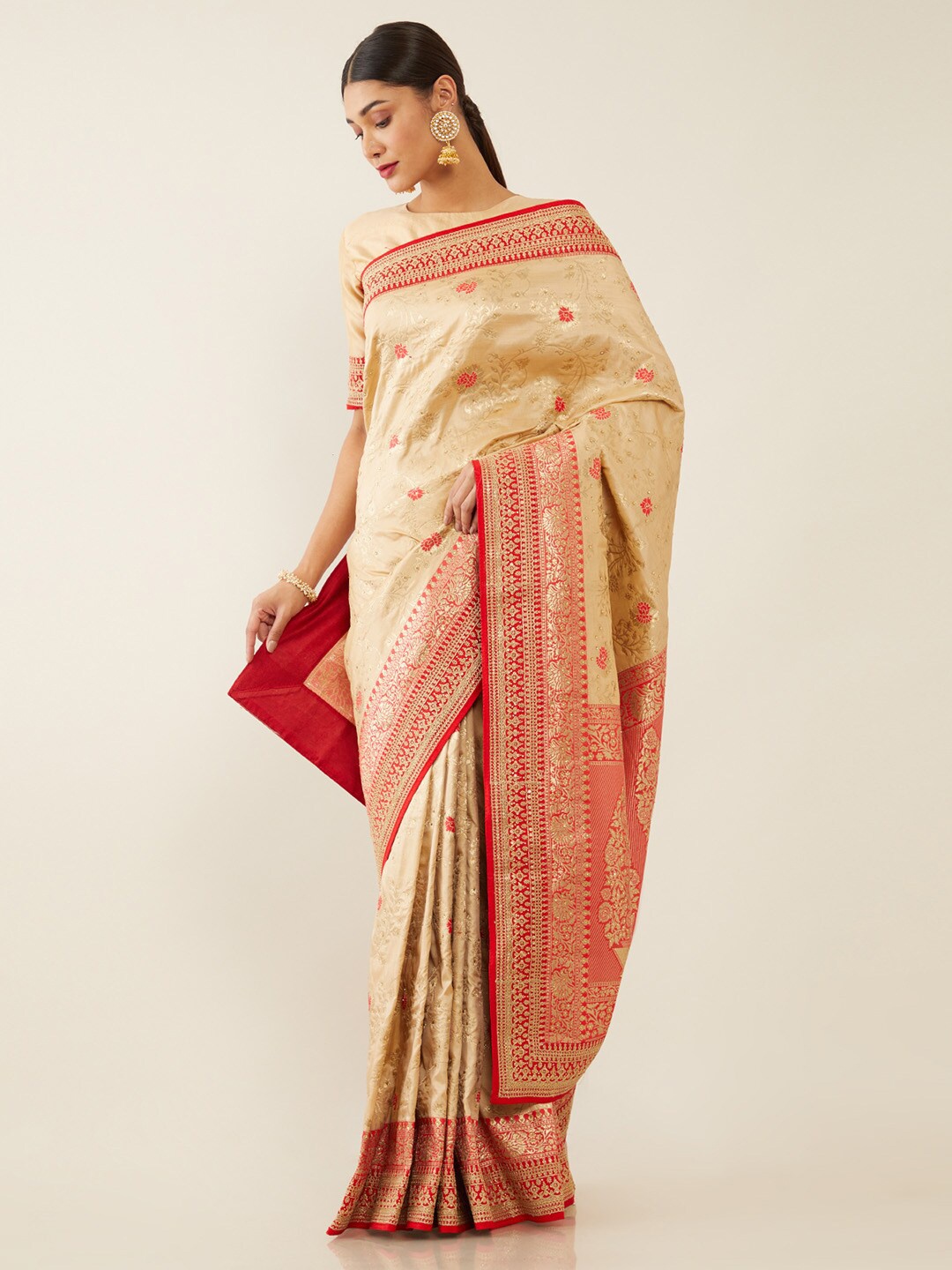 

Soch Beige & Red Floral Zari Silk Blend Saree