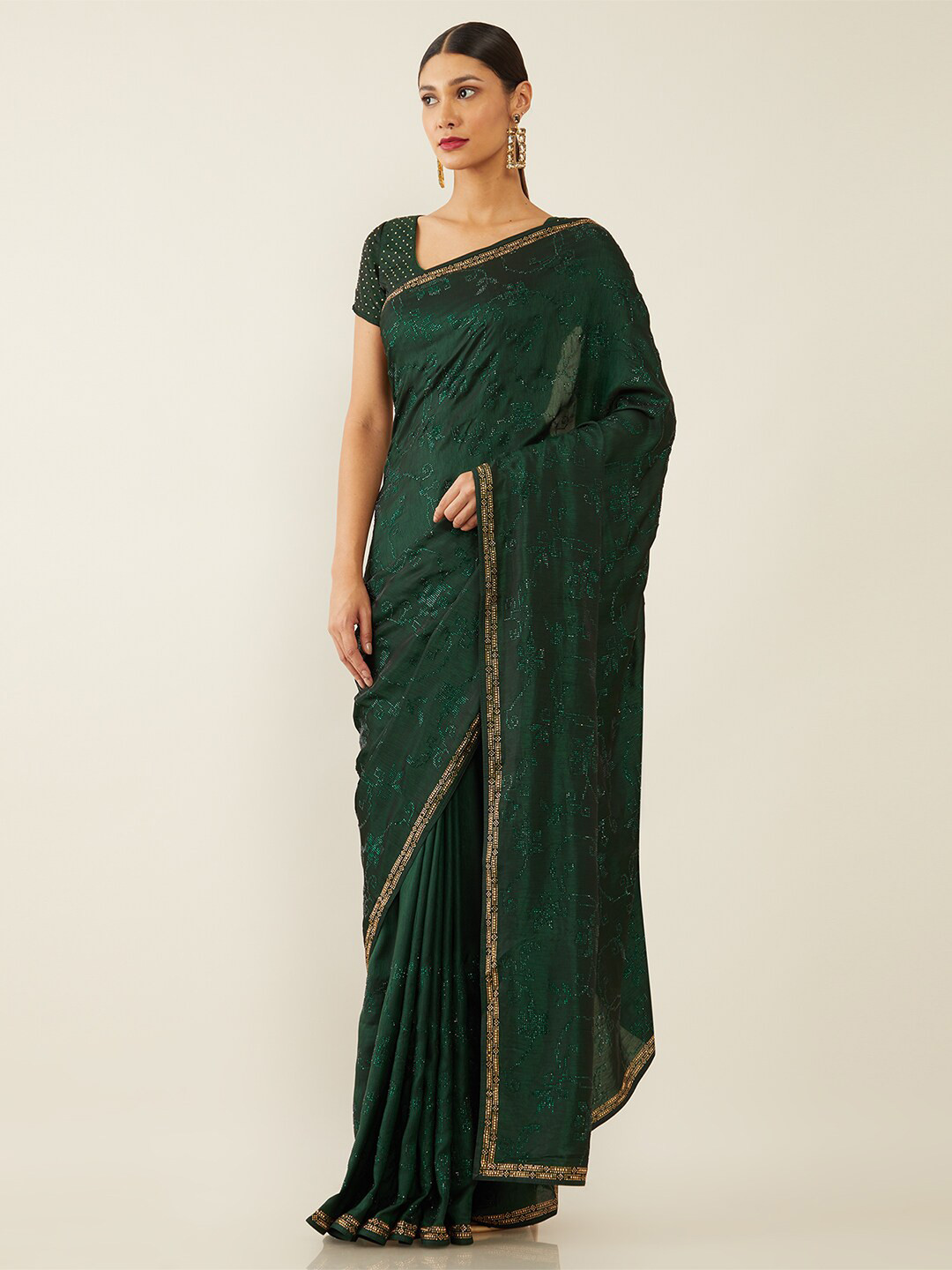 

Soch Green Floral Beads and Stones Silk Blend Saree