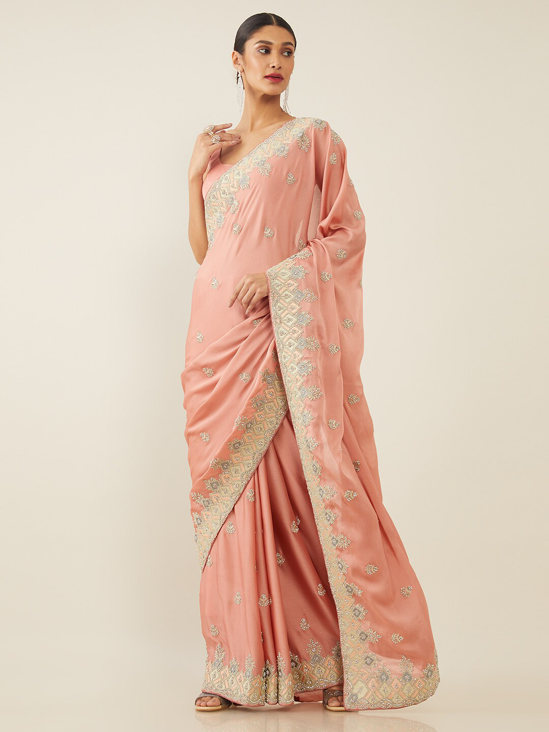 

Soch Pink & Gold-Toned Floral Embroidered Pure Chiffon Saree