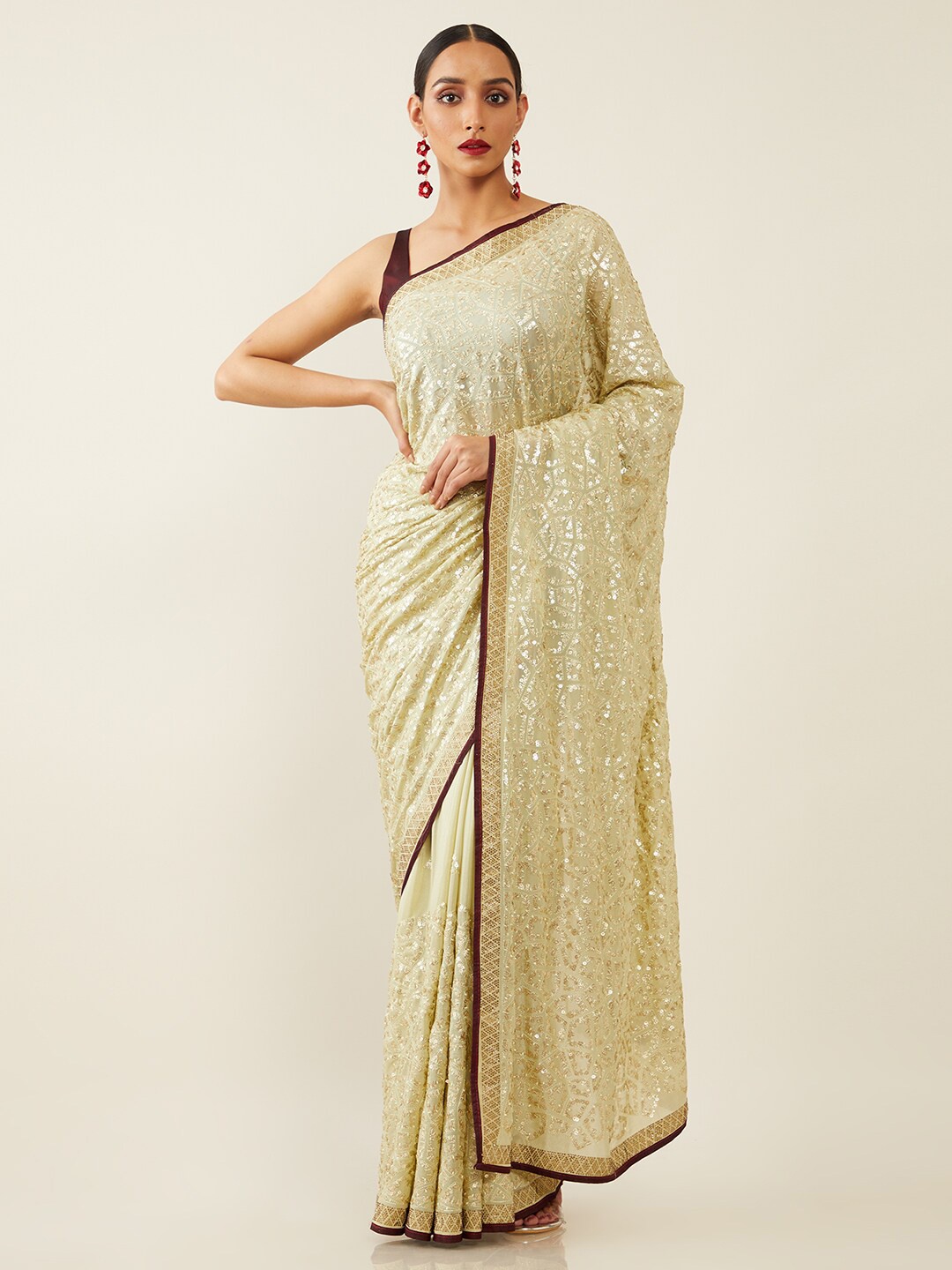 

Soch Green & Gold-Toned Embellished Sequinned Saree