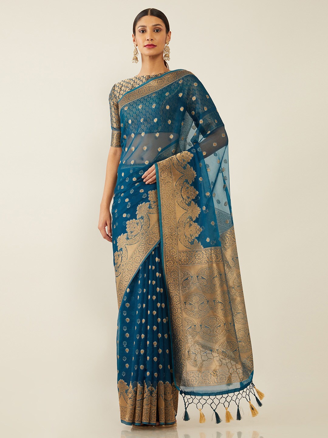 

Soch Blue & Gold-Toned Woven Design Zari Organza Saree