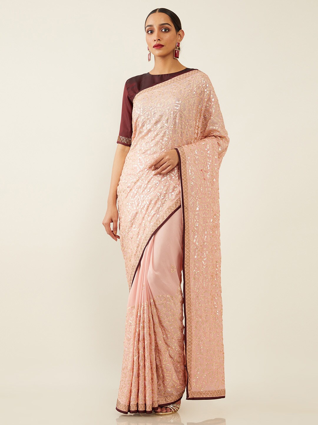 

Soch Pink & Maroon Embellished Sequinned Saree