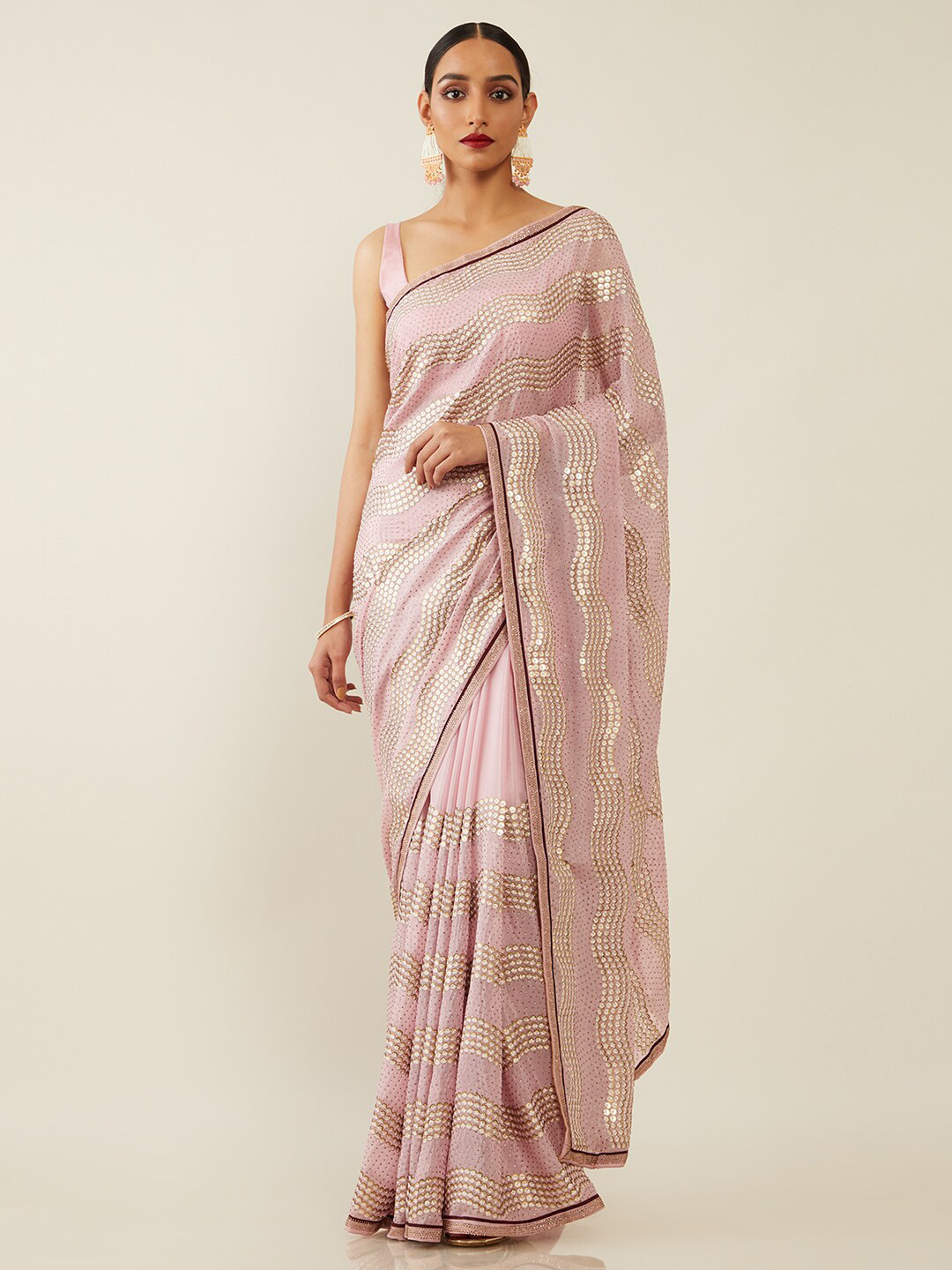 

Soch Pink & Gold-Toned Embellished Sequinned Saree