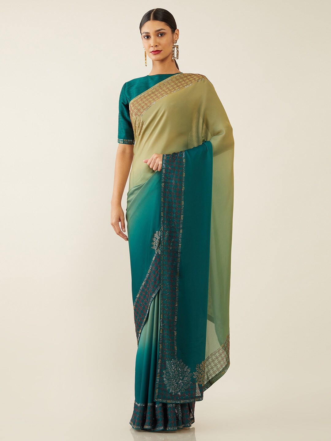 

Soch Sea Green & Beige Ombre Beads and Stones Saree