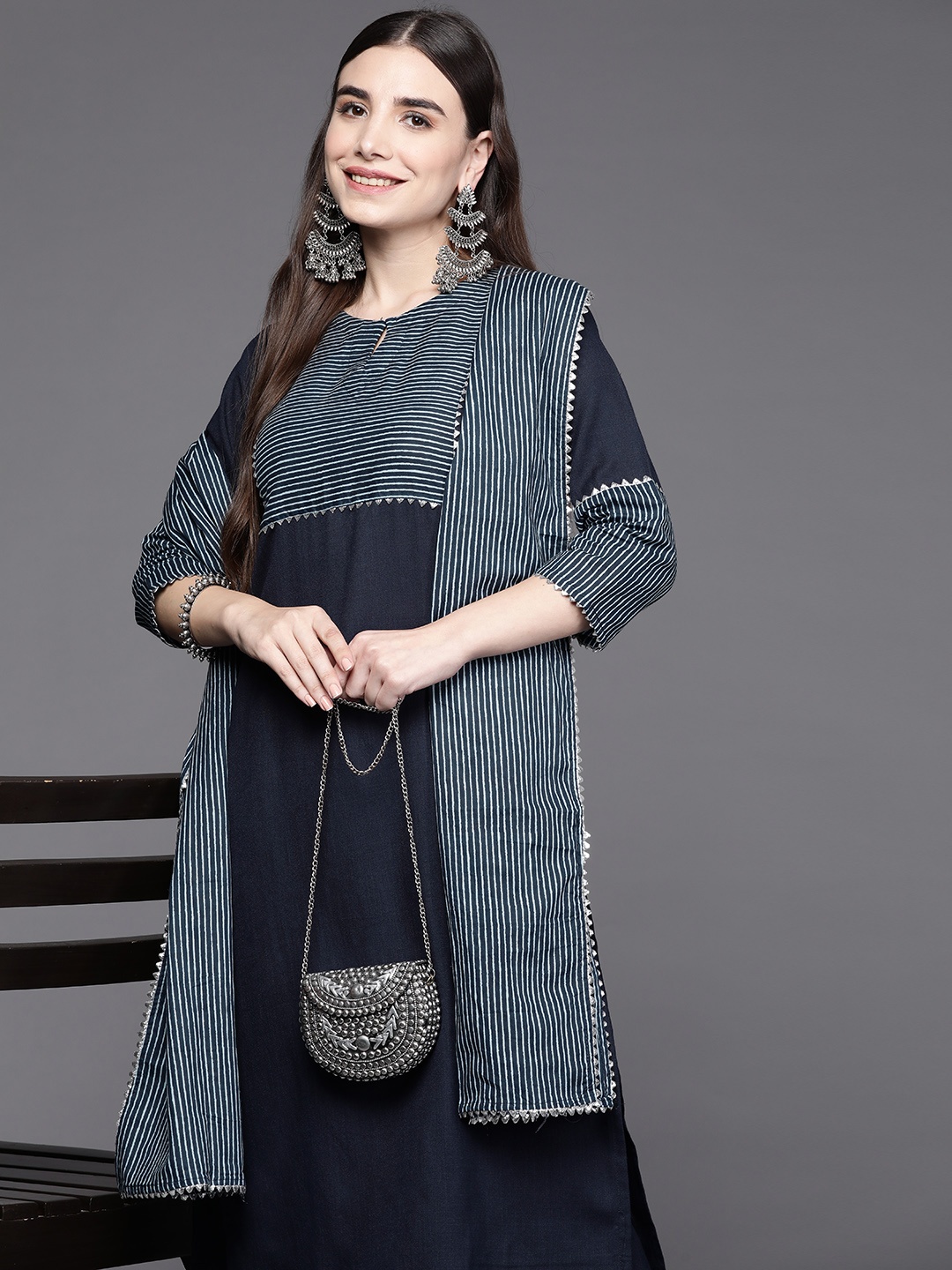 

Indo Era Women Navy Blue Yoke Design Gotta Patti Kurta with Palazzos & With Dupatta