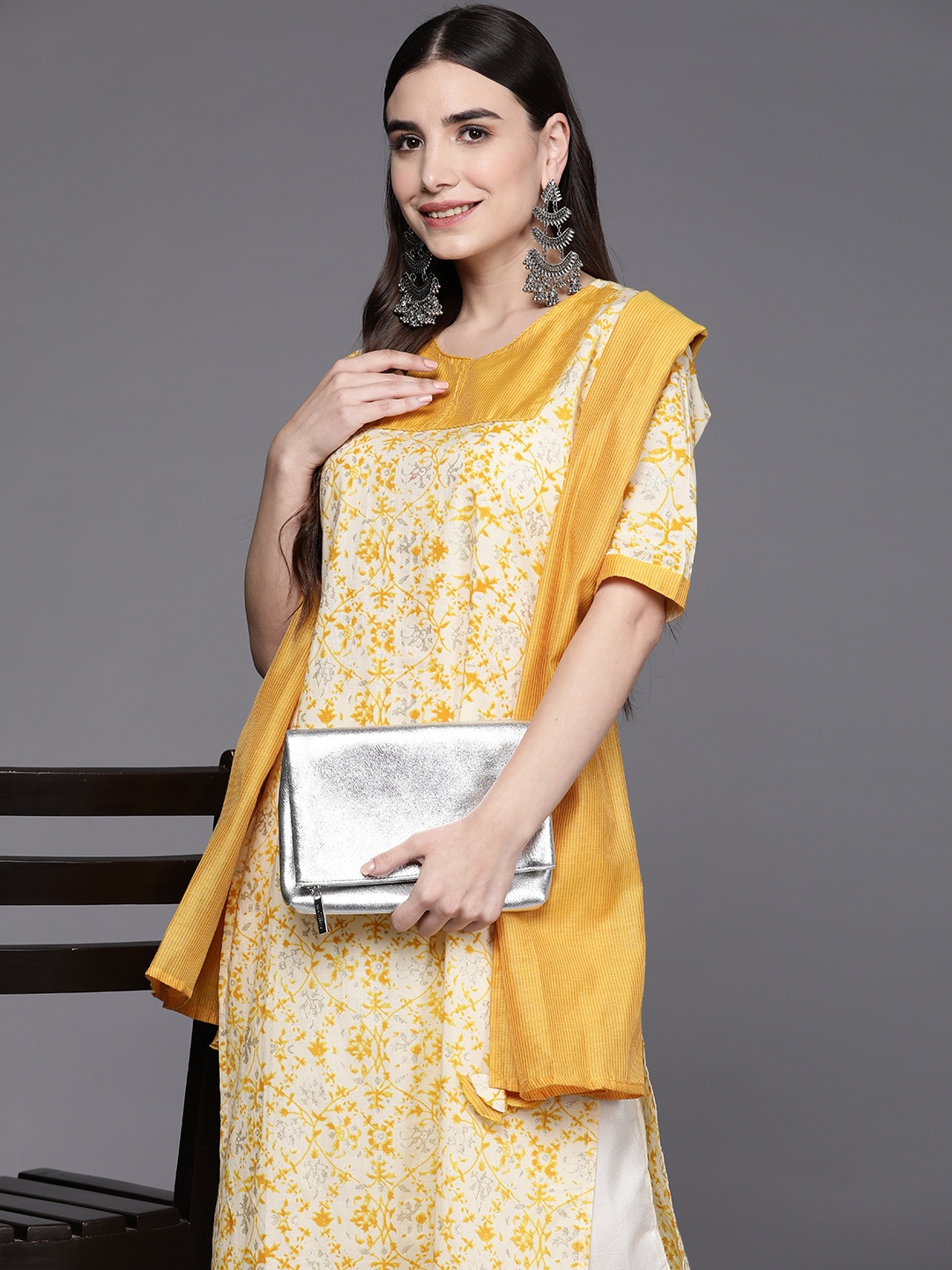 

Indo Era Women Off White & Yellow Floral Yoke Design Cotton Kurta with Palazzos & Dupatta
