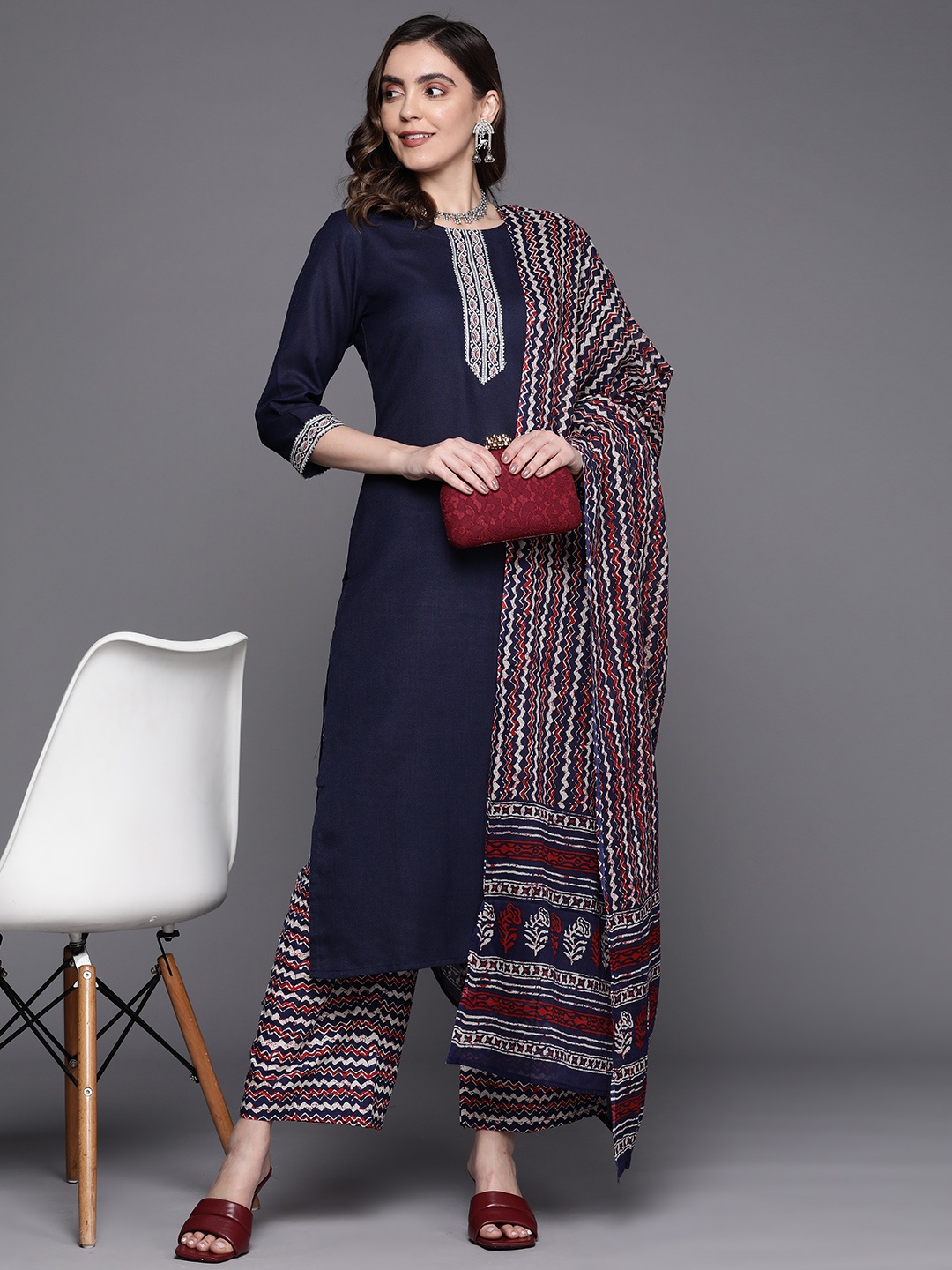 

Indo Era Women Navy Blue Kurta with Palazzos & Dupatta