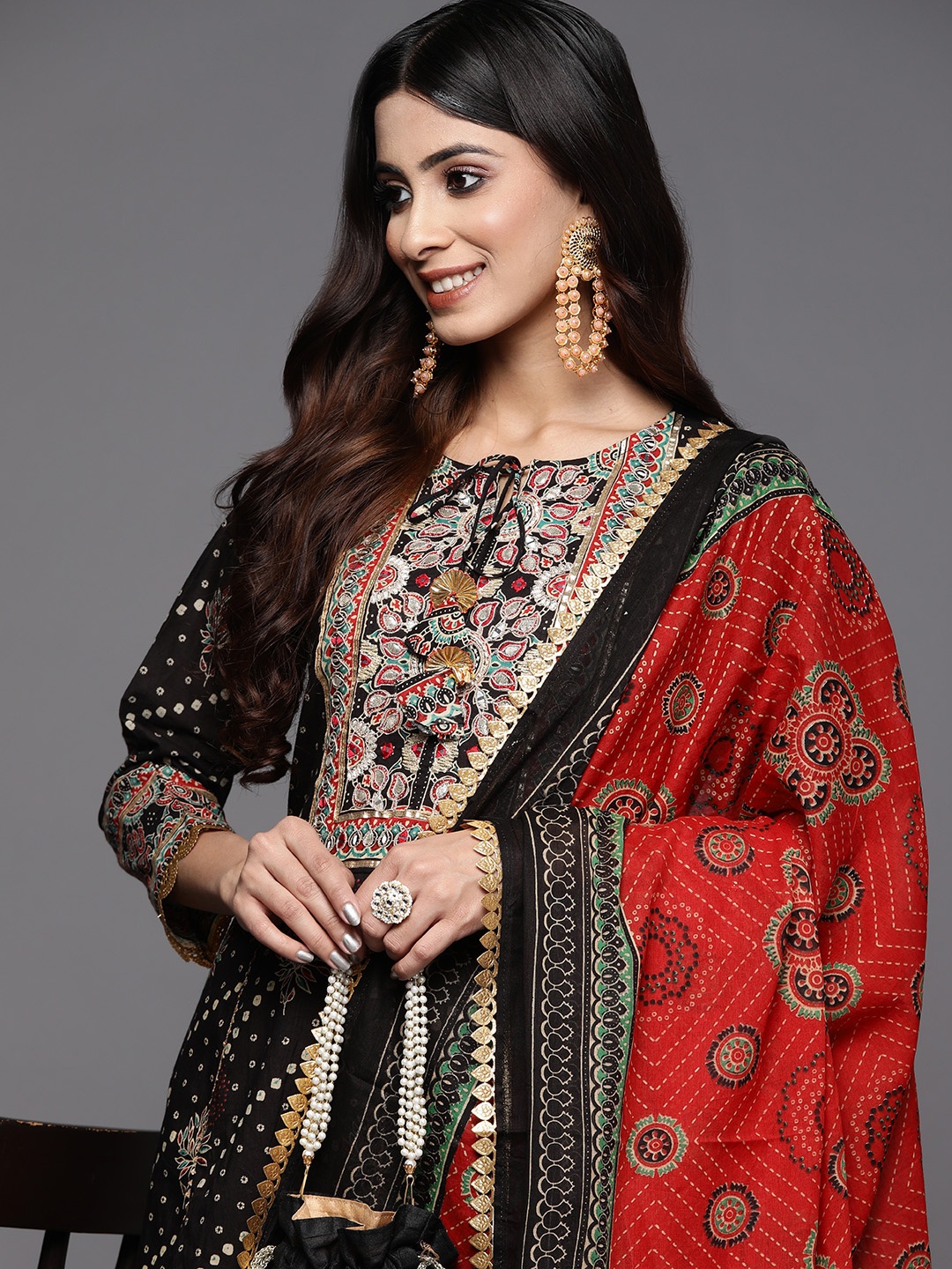 

Indo Era Women Black Ethnic Motifs Yoke Design Kurta with Trousers & With Dupatta