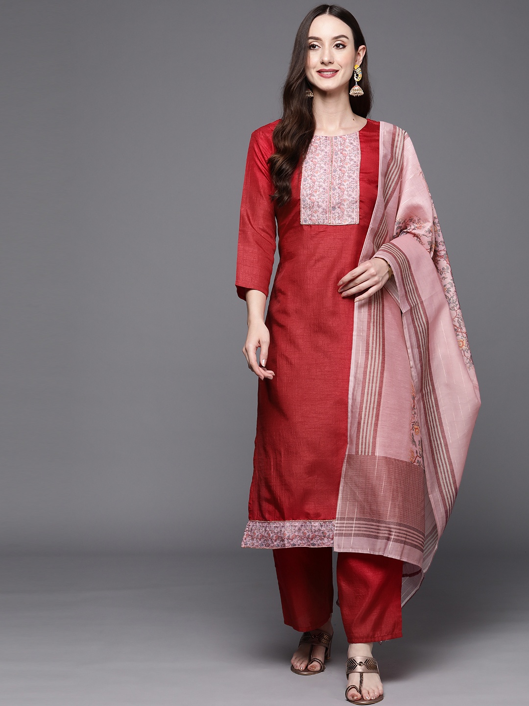 

Indo Era Women Pink Floral Printed Kurta with Palazzos & Dupatta, Maroon