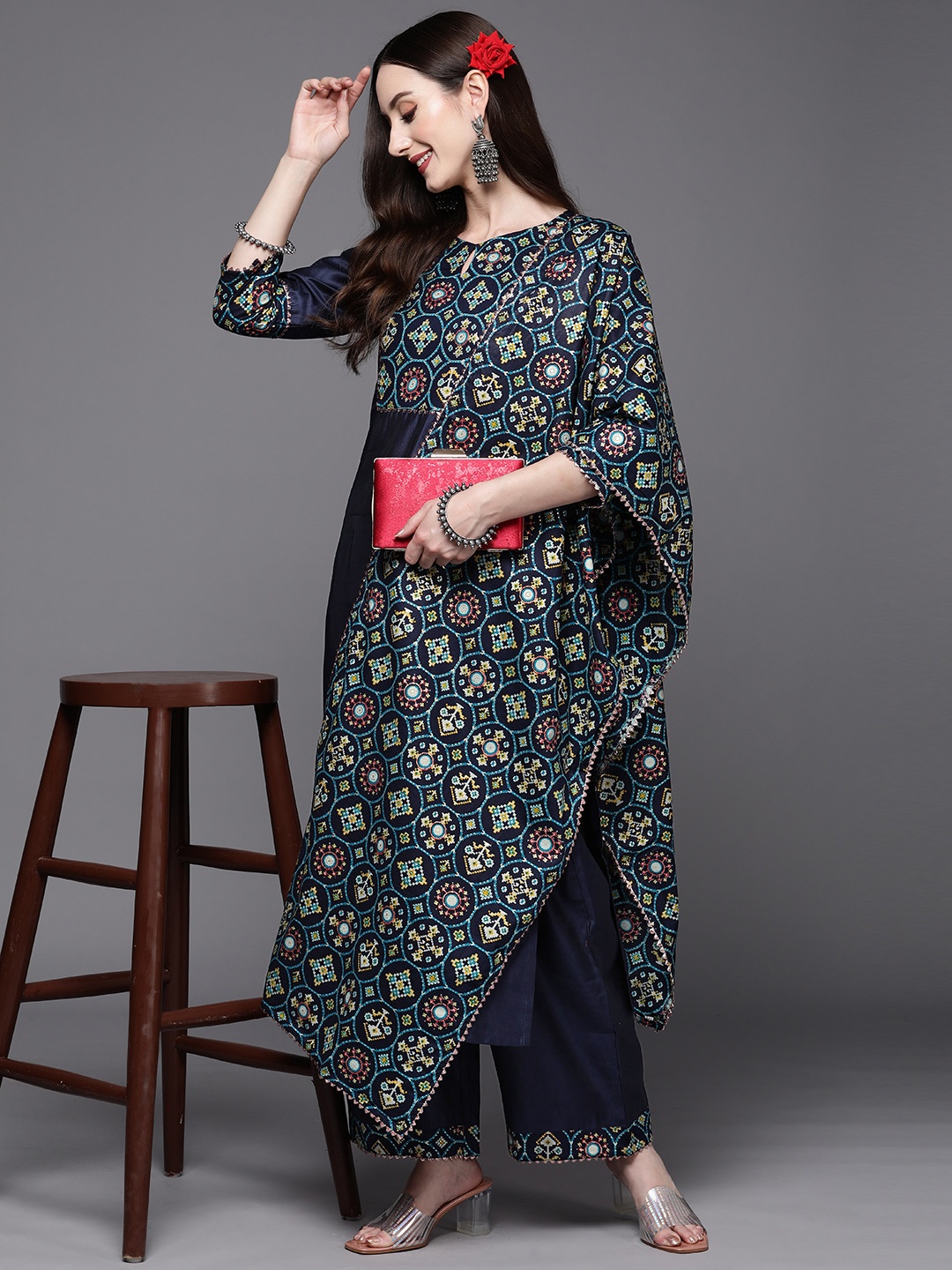 

Indo Era Women Navy Blue Ethnic Motifs Printed Gotta Patti Liva Kurta with Trousers & With Dupatta