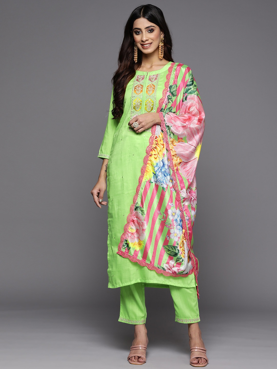 

Indo Era Women Green Ethnic Motifs Embroidered Raw Silk Kurta with Trousers & With Dupatta