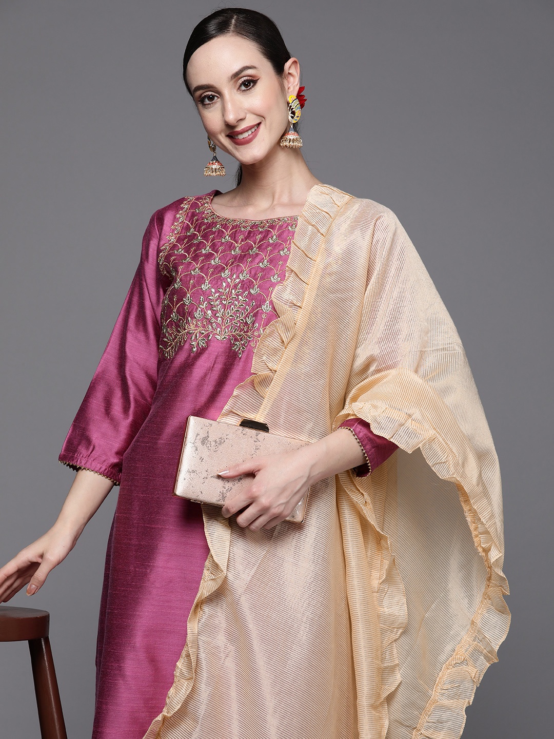 

Indo Era Women Pink Ethnic Motifs Yoke Design Chanderi Silk Kurta with Palazzos & With Dupatta