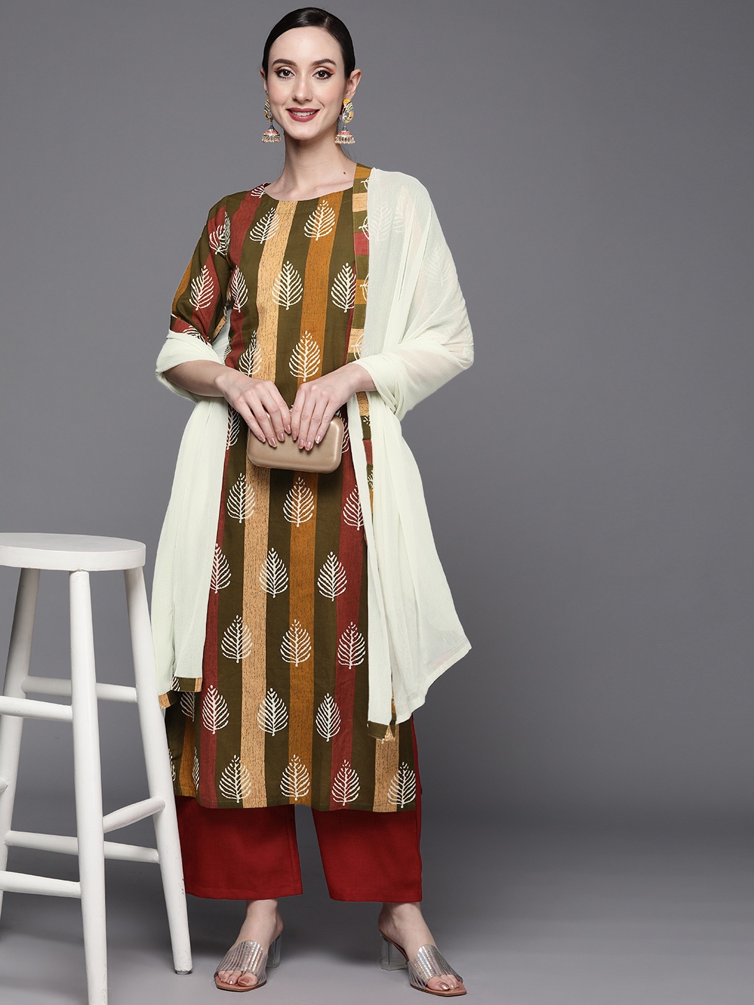 

Indo Era Women Green Floral Printed Kurta with Trousers & With Dupatta