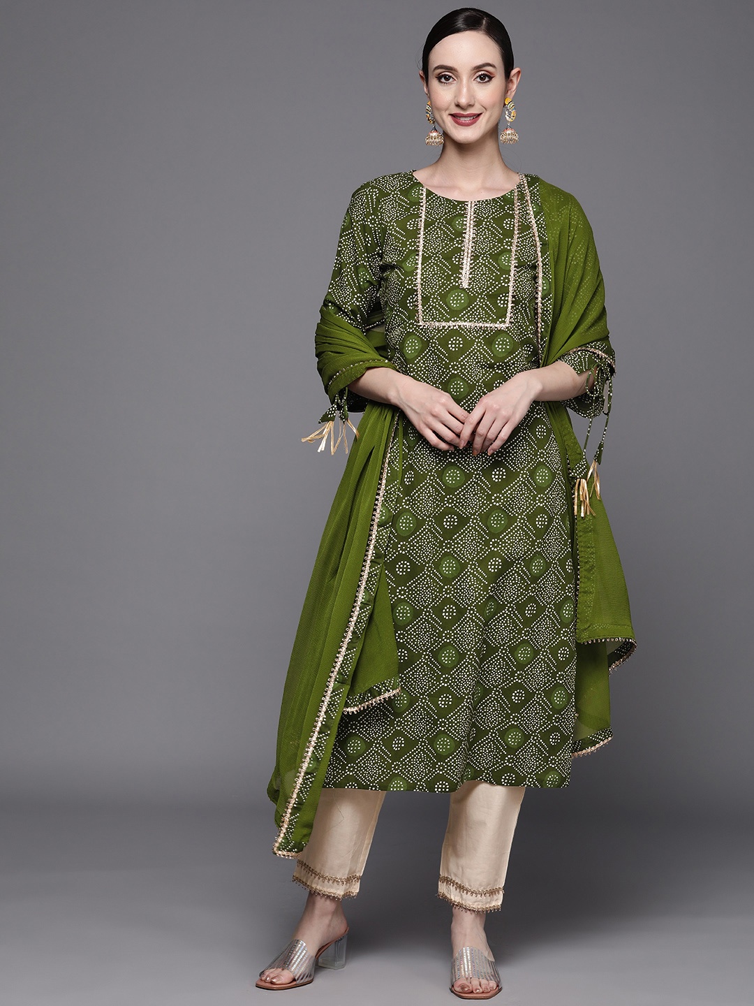 

Indo Era Women Green Bandhani Printed Gotta Patti Pure Cotton Kurta with Palazzos & With Dupatta