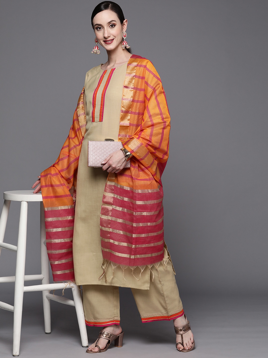 

Indo Era Women Beige Yoke Design Gotta Patti Kurta with Palazzos & With Dupatta