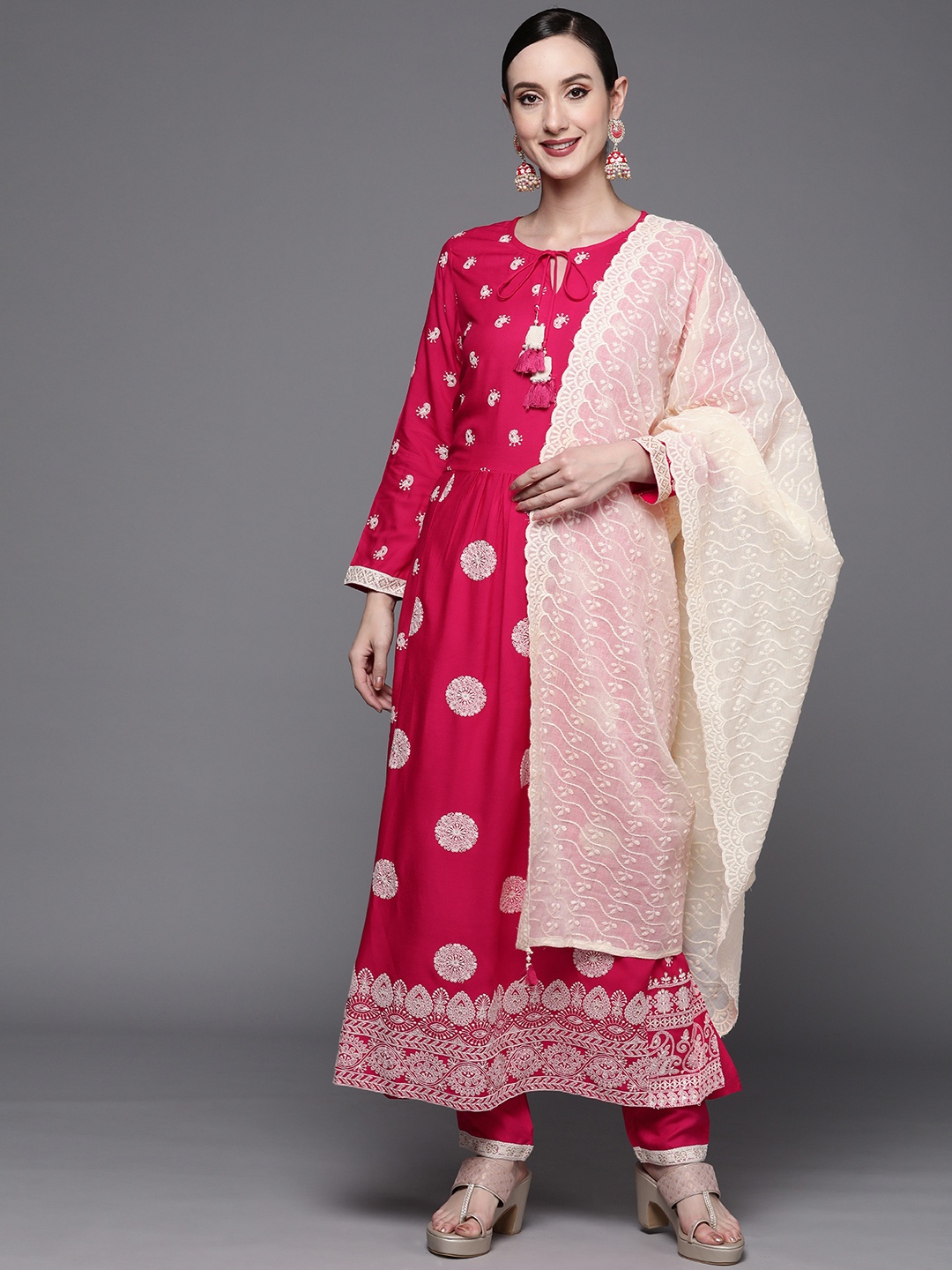 

Indo Era Women Pink Ethnic Motifs Embroidered Sequinned Kurta with Trousers & With Dupatta