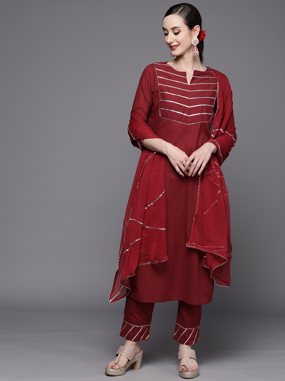 

Indo Era Women Maroon Yoke Design Gotta Patti Pure Cotton Kurta with Palazzos & With Dupatta