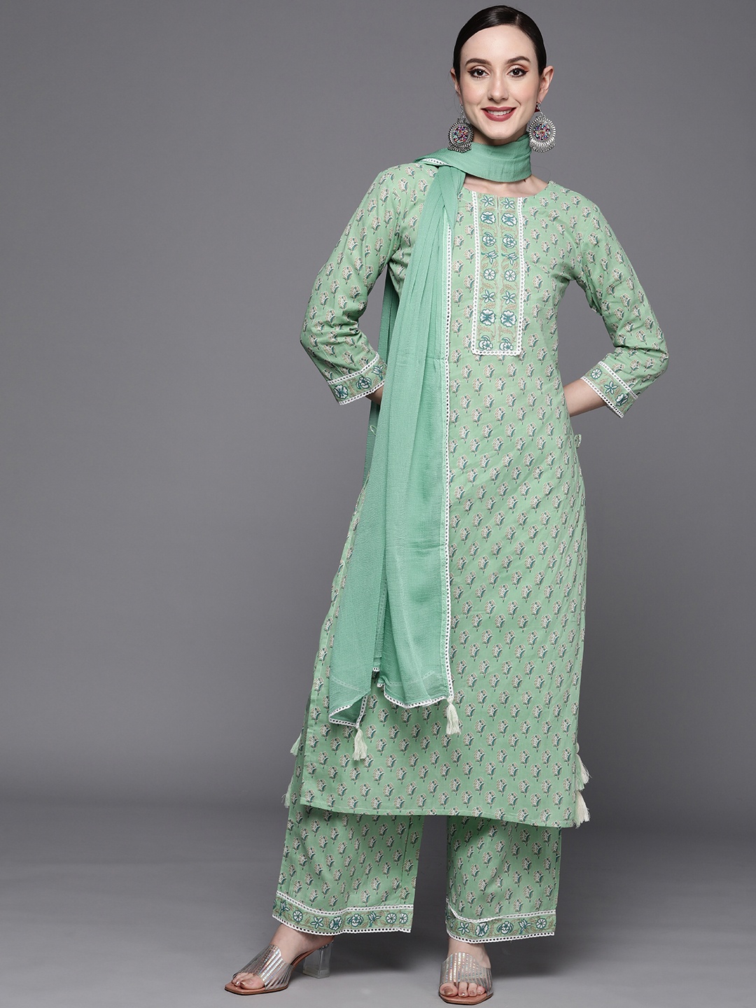 

Indo Era Women Sea Green Floral Printed Kurta with Palazzos & With Dupatta