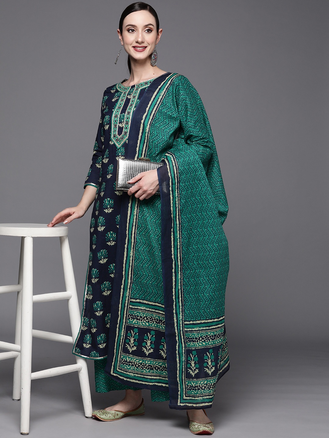 

Indo Era Women Navy Blue & Green Floral Printed Kurta with Palazzos & With Dupatta