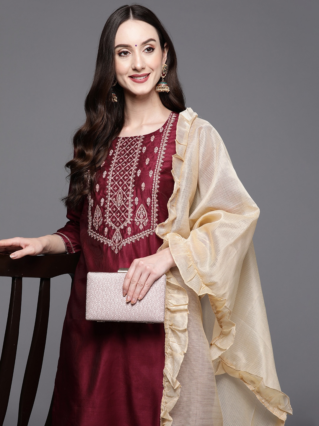 

Indo Era Women Magenta Ethnic Motifs Embroidered Kurta with Trousers & With Dupatta