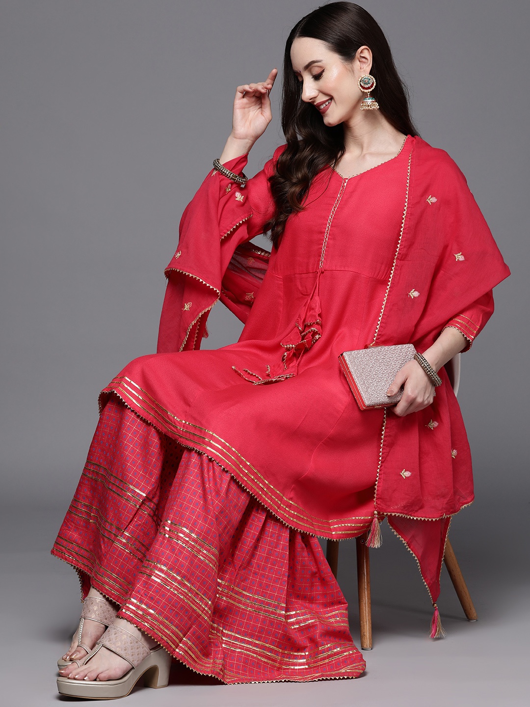 

Indo Era Women Red Ethnic Motifs Empire Gotta Patti Kurta with Sharara & With Dupatta