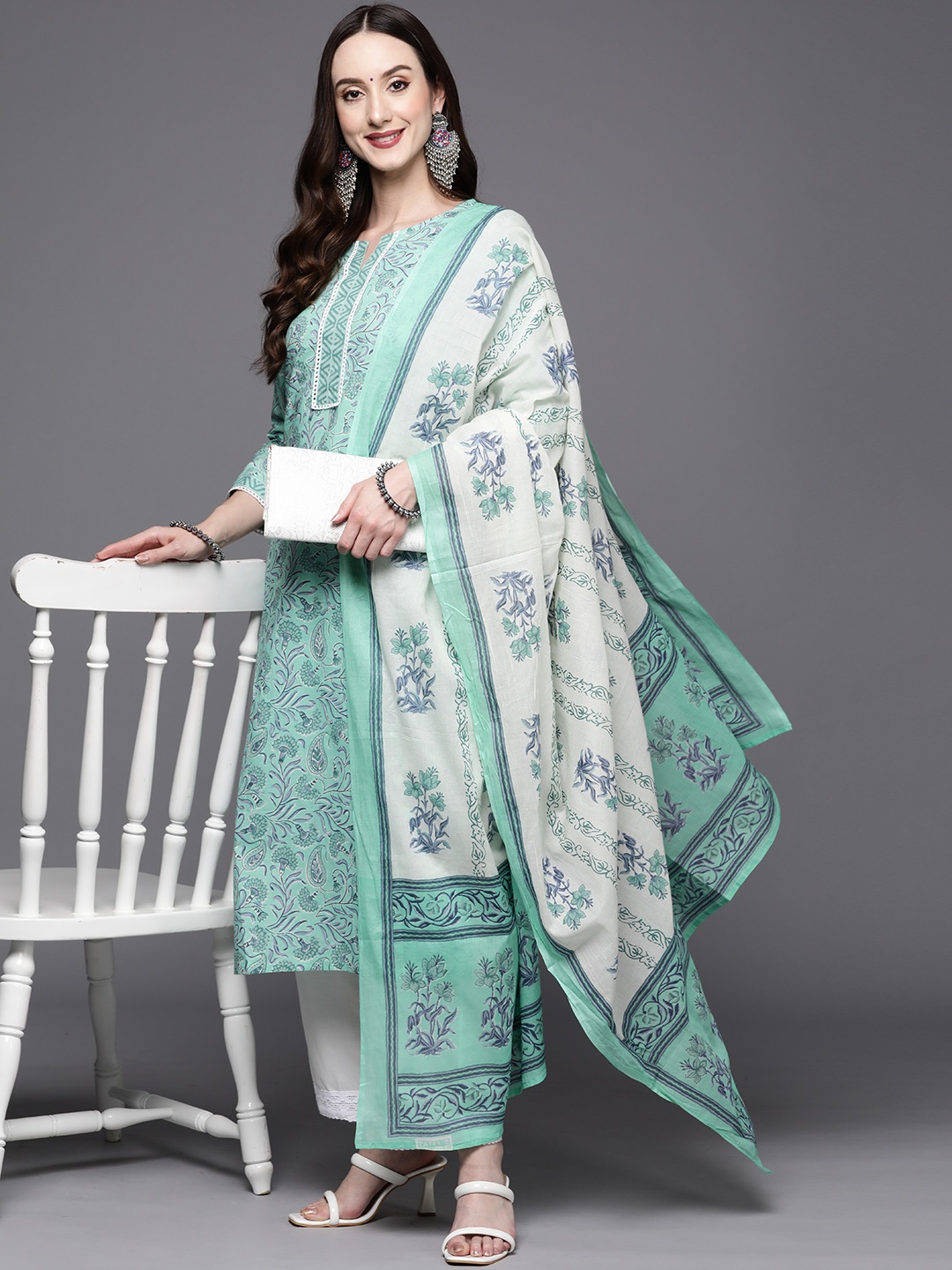 

Indo Era Women Sea Green Floral Printed Kurta with Palazzos & With Dupatta