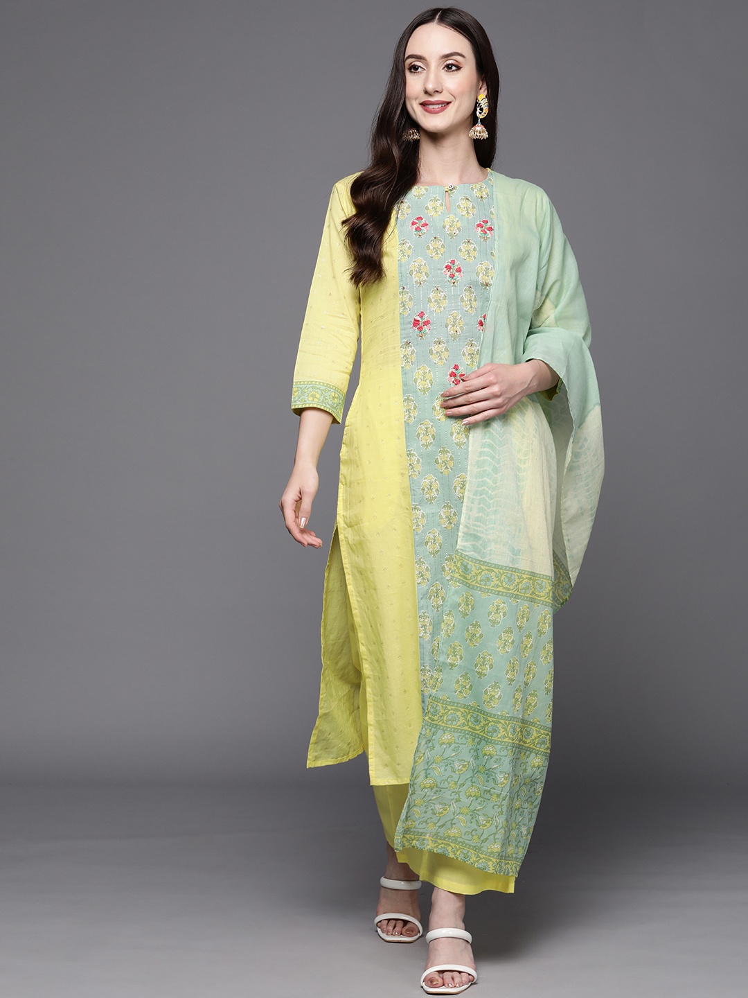 

Indo Era Women Yellow Floral Printed Kurta with Palazzos & Dupatta