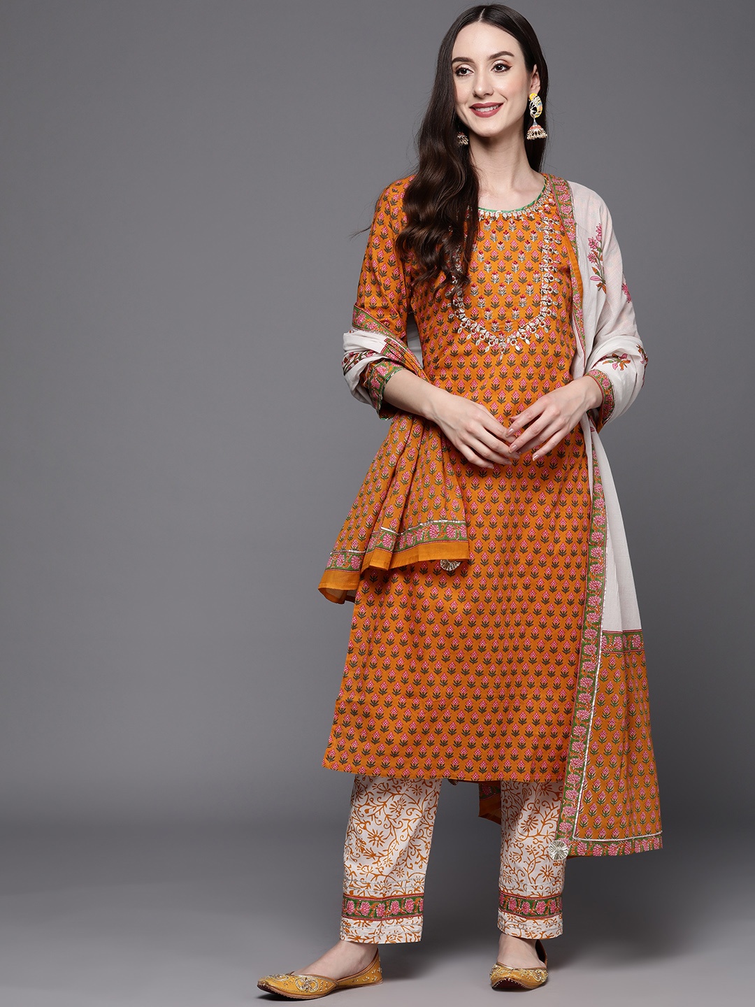 

Indo Era Women Orange Floral Printed Gotta Patti Kurta with Trousers & Dupatta