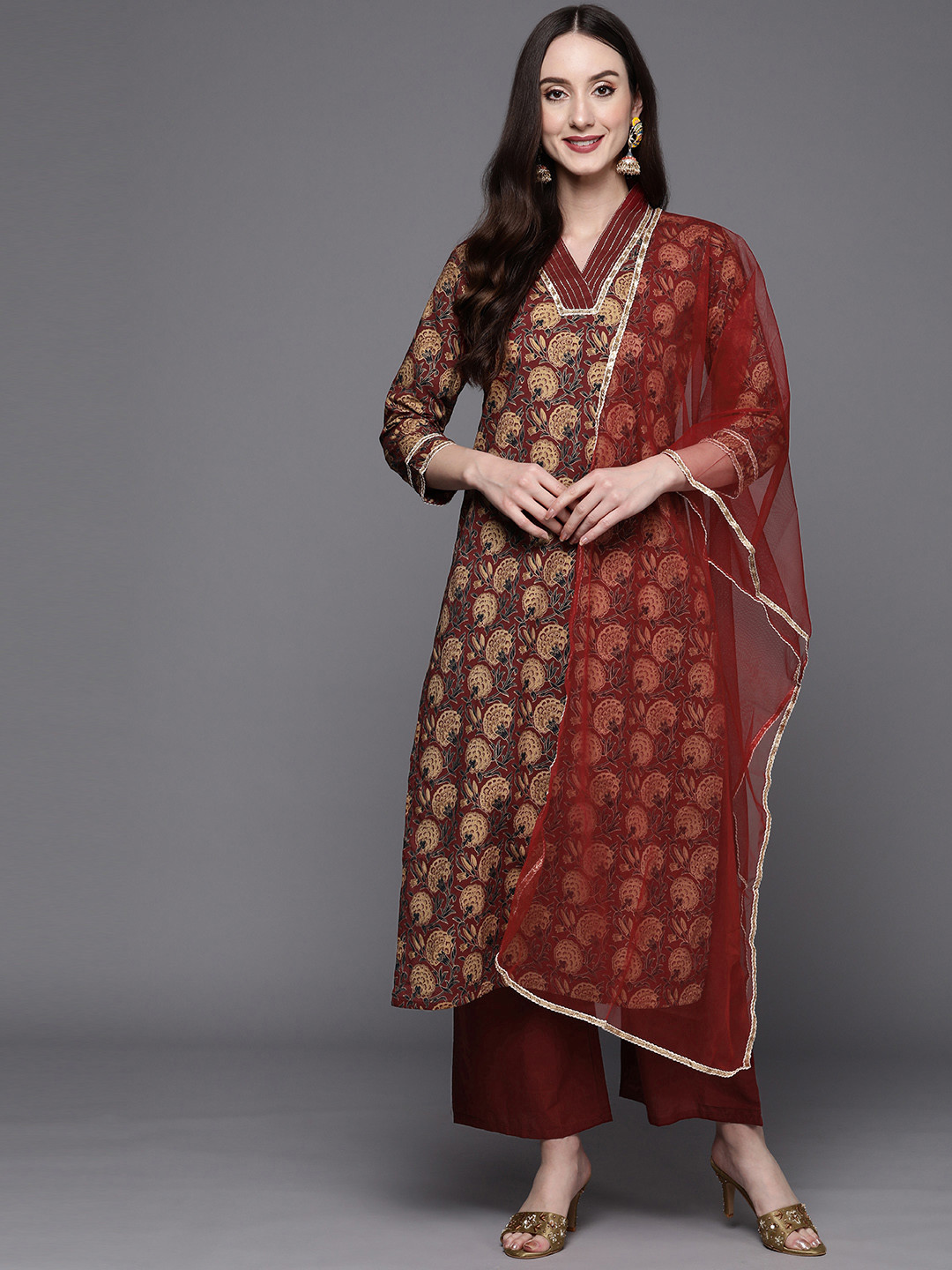 

Indo Era Women Maroon Floral Printed Sequinned Kurta with Palazzos & Dupatta