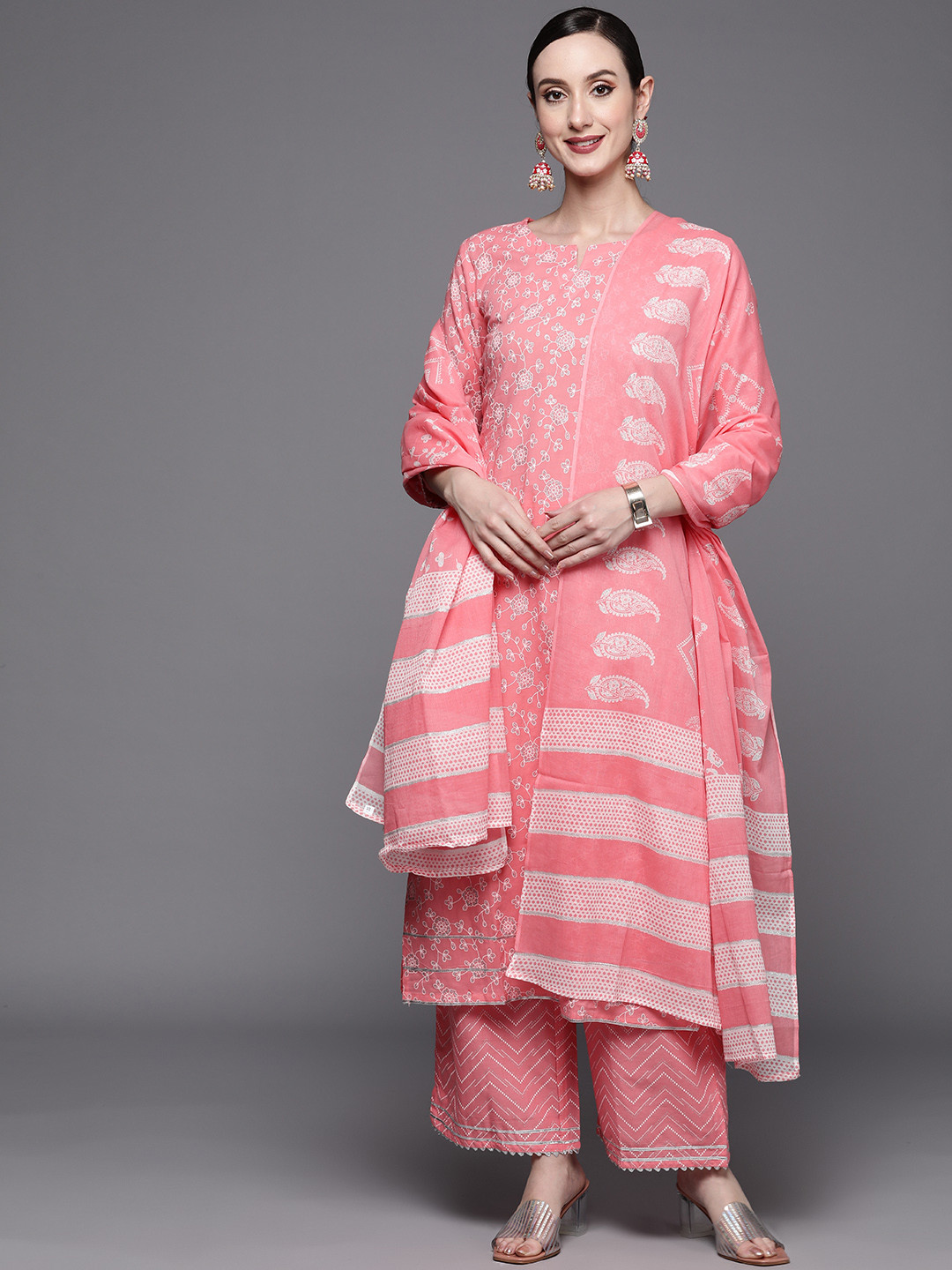 

Indo Era Women Pink Floral Printed Kurta with Palazzos & With Dupatta