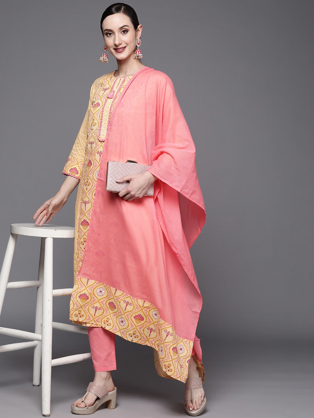 

Indo Era Women Yellow Ethnic Motifs Printed Kurta with Trousers & With Dupatta