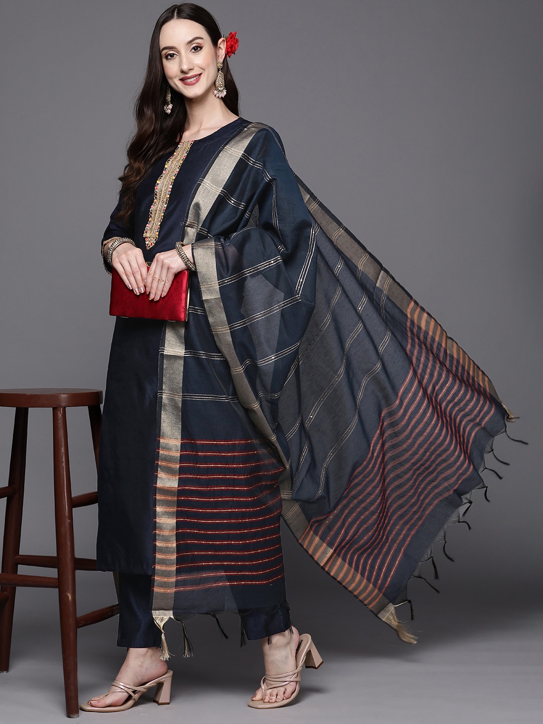 

Indo Era Women Navy Blue Embroidered Sequinned Liva Kurta with Trousers & With Dupatta