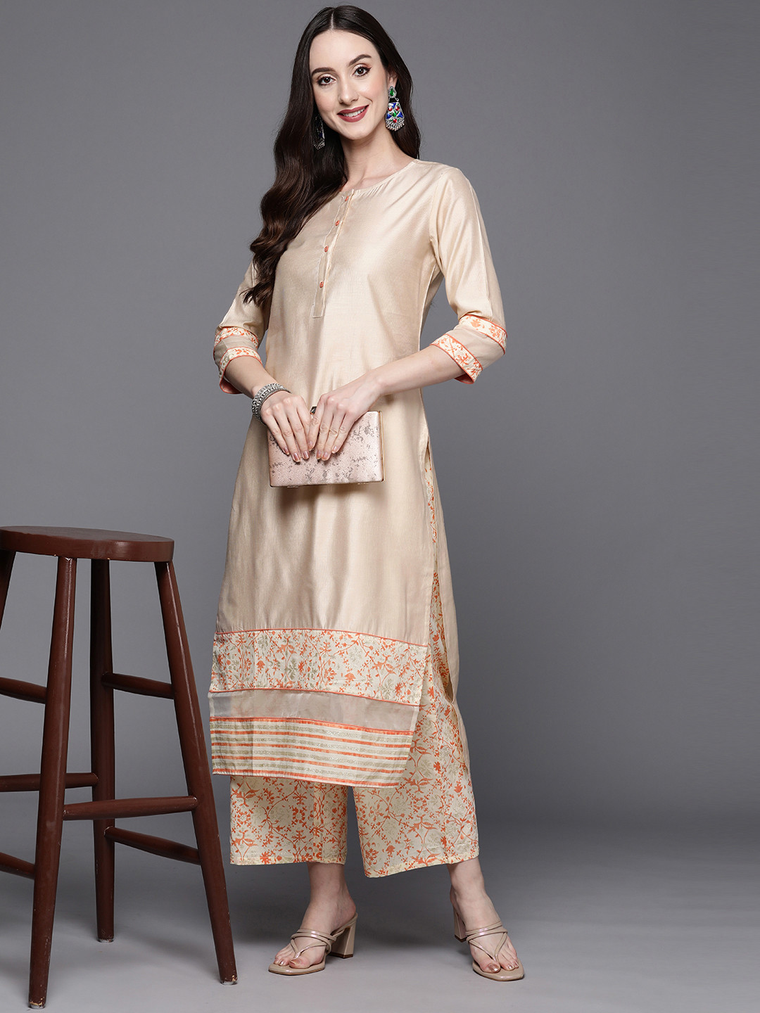 

Indo Era Women Off White Floral Printed Pure Cotton Kurta with Palazzos