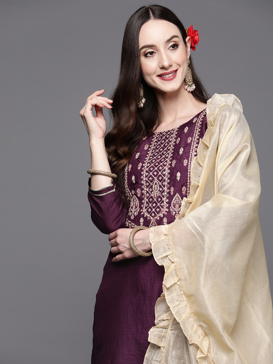 

Indo Era Women Purple Ethnic Motifs Yoke Design Thread Work Kurta with Trousers & Dupatta
