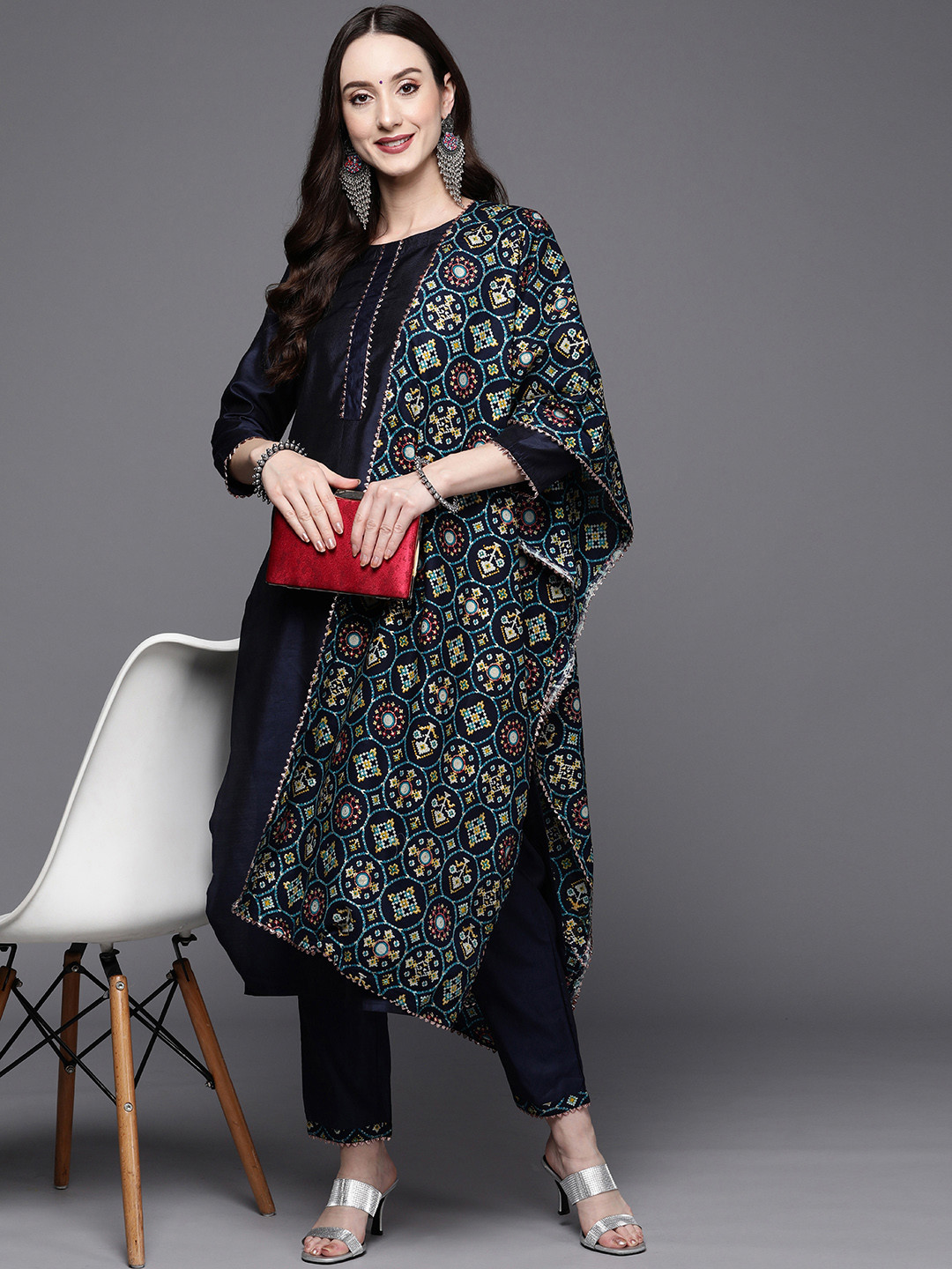 

Indo Era Women Navy Blue Ethnic Motifs Yoke Design Gotta Patti Liva Kurta Set
