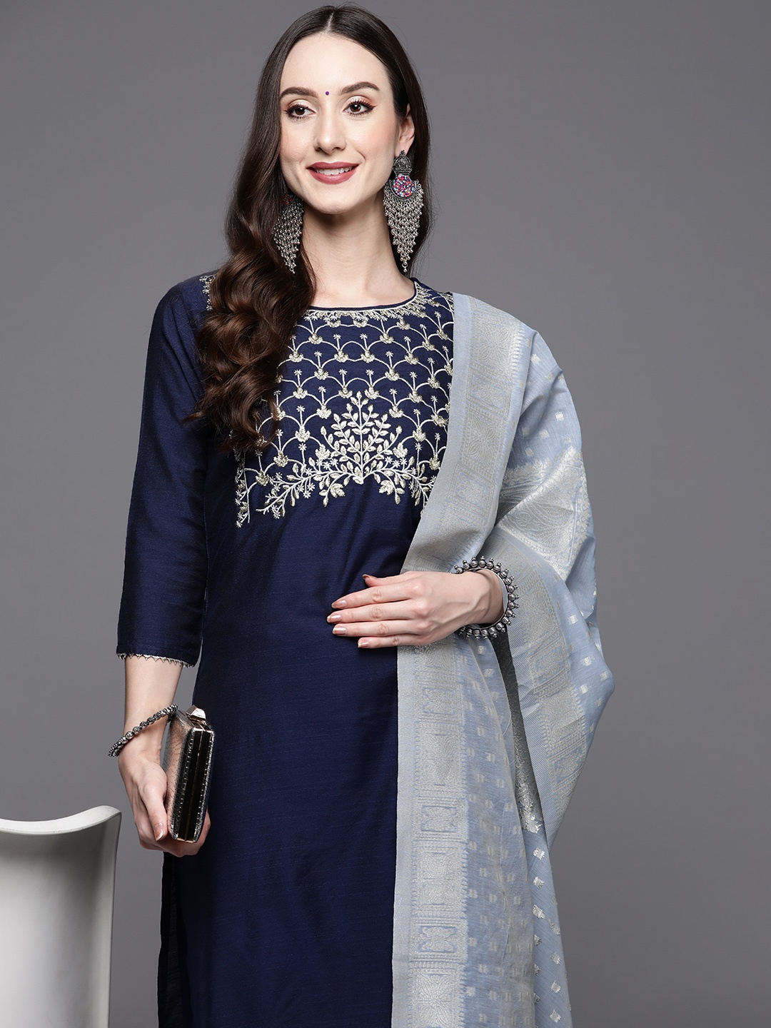 

Indo Era Women Navy Blue Ethnic Motifs Embroidered Gotta Patti Chanderi Silk Kurta Set