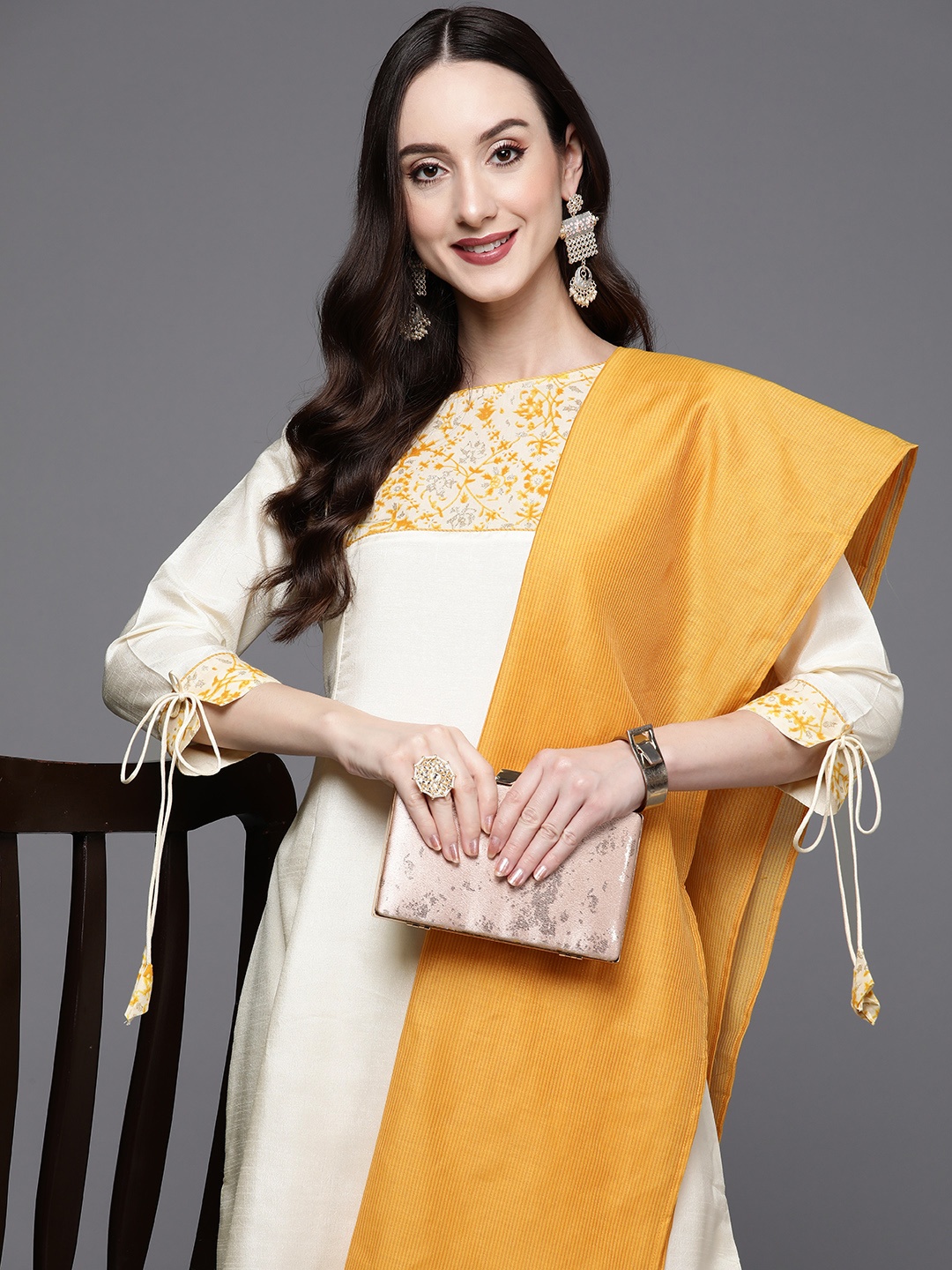 

Indo Era Women Off White Floral Yoke Design Empire Pure Cotton Kurta Set